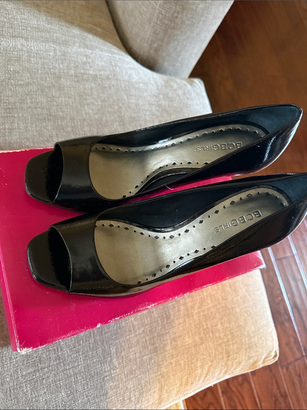 BCBGeneration Black Patent Peep-Toe Pumps with Subtle Heel